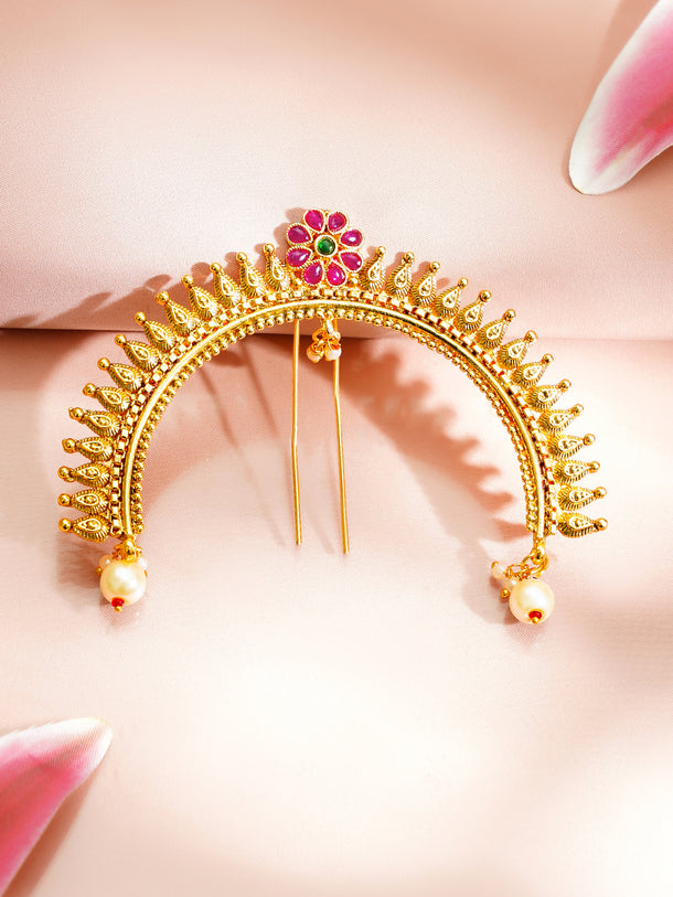 Gold Plated Ruby Blossom Pearl Drop Hair Arch Pin