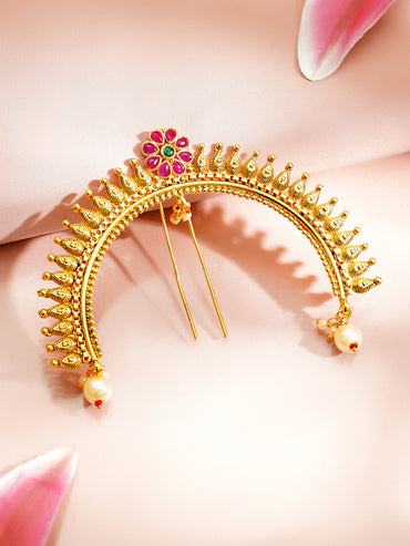 Gold Plated Ruby Blossom Pearl Drop Hair Arch Pin