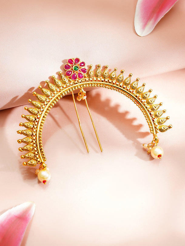 Gold Plated Ruby Blossom Pearl Drop Hair Arch Pin