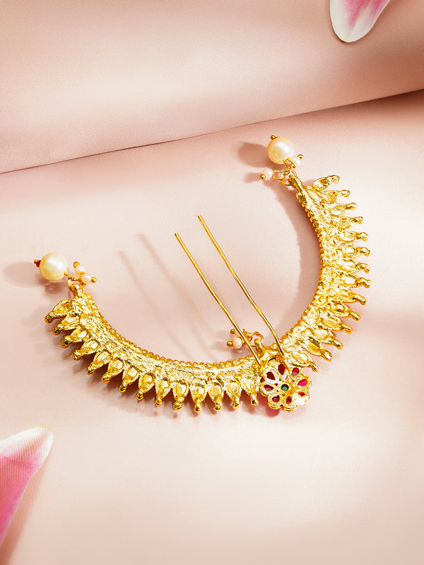 Gold Plated Ruby Blossom Pearl Drop Hair Arch Pin