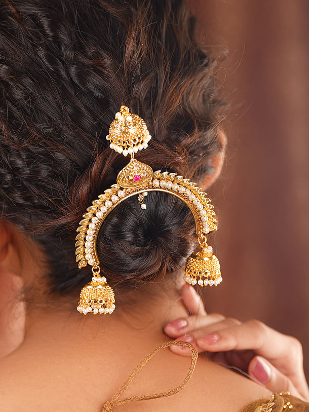 Gold Plated Pearl Jhumka Crescent Antique Hair Arch Pin