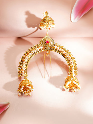 Gold Plated Pearl Jhumka Crescent Antique Hair Arch Pin