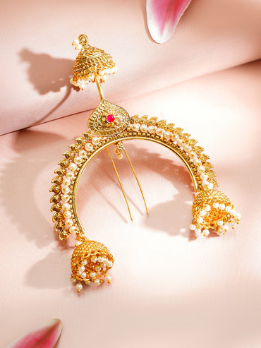 Gold Plated Pearl Jhumka Crescent Antique Hair Arch Pin