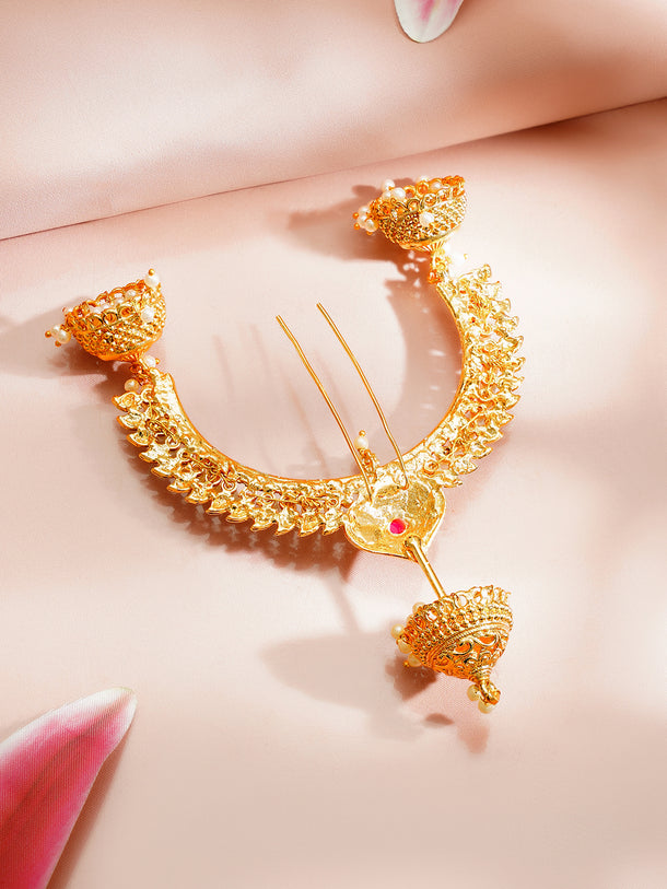 Gold Plated Pearl Jhumka Crescent Antique Hair Arch Pin