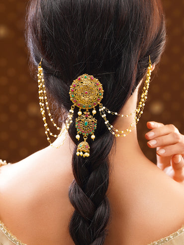 Gold Plated Bloom Ruby Emerald Pearl Jhumka Hair Chain