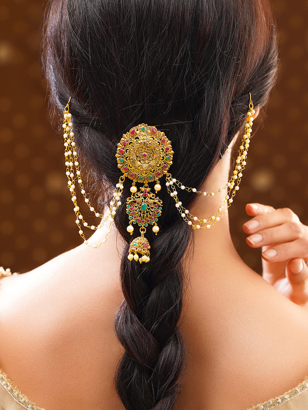 Gold Plated Bloom Ruby Emerald Pearl Jhumka Hair Chain