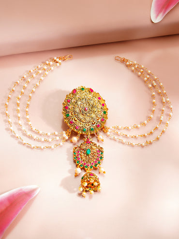 Gold Plated Bloom Ruby Emerald Pearl Jhumka Hair Chain