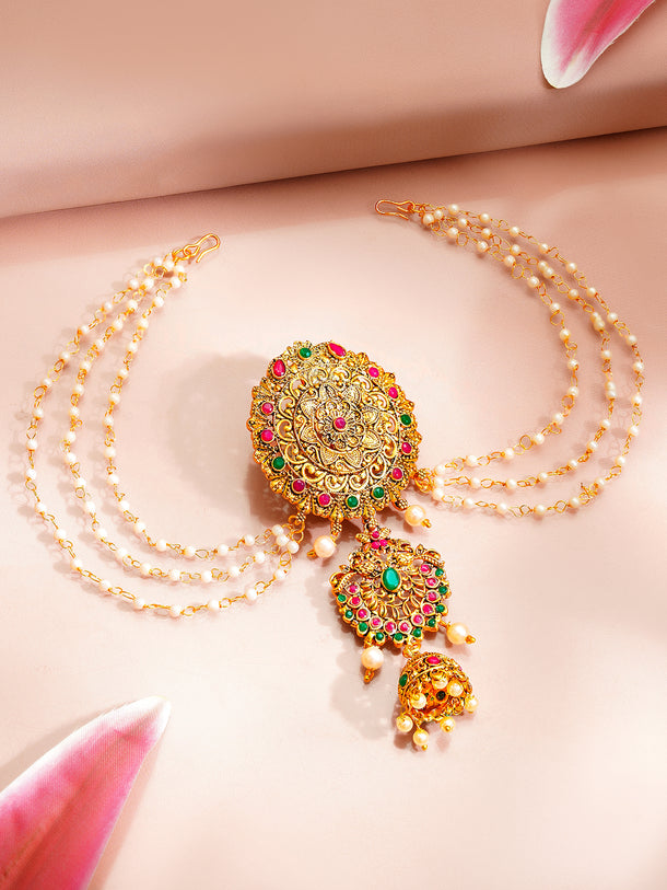 Gold Plated Bloom Ruby Emerald Pearl Jhumka Hair Chain