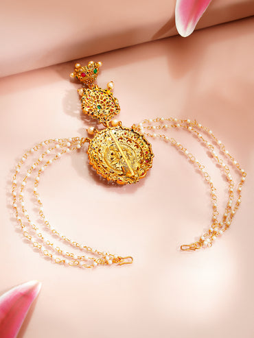 Gold Plated Bloom Ruby Emerald Pearl Jhumka Hair Chain