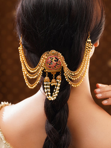 Gold Plated Peacock Motif Ruby Studded Pearl Beaded Hair Brooch
