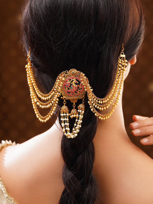 Gold Plated Peacock Motif Ruby Studded Pearl Beaded Hair Brooch