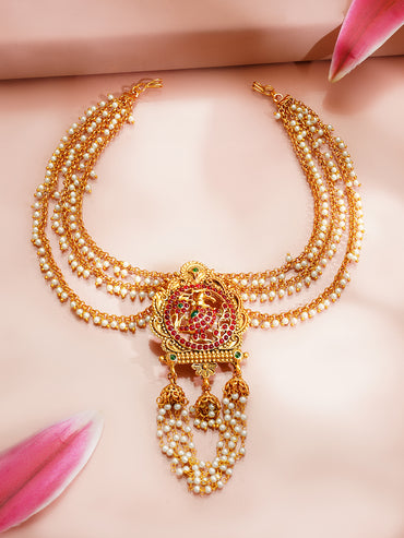 Gold Plated Peacock Motif Ruby Studded Pearl Beaded Hair Brooch