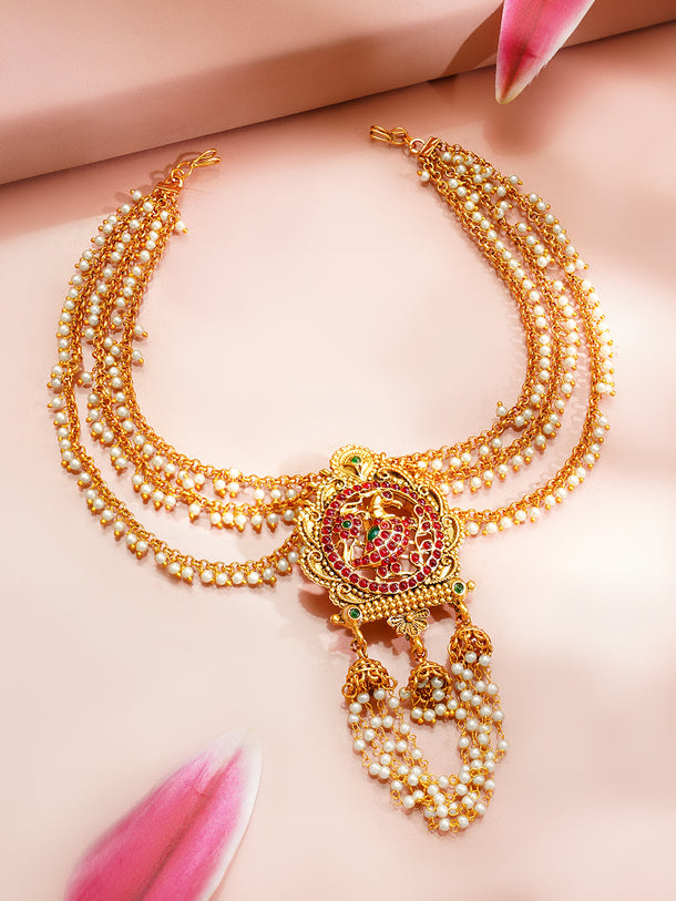 Gold Plated Peacock Motif Ruby Studded Pearl Beaded Hair Brooch