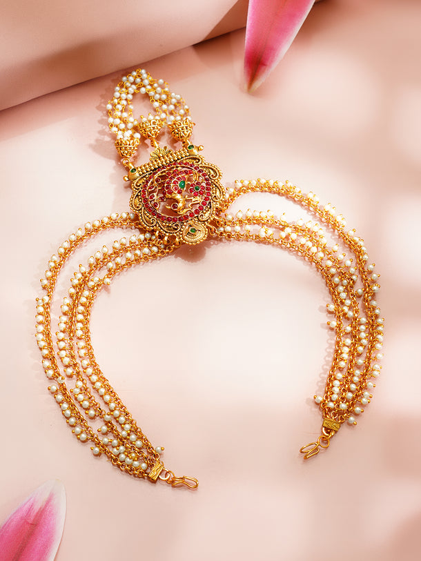 Gold Plated Peacock Motif Ruby Studded Pearl Beaded Hair Brooch