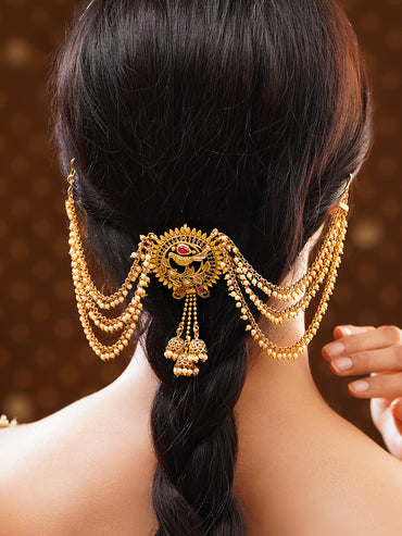 Gold Plated Peacock Pearl Layered Antique Hair Chain