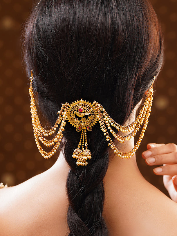 Gold Plated Peacock Pearl Layered Antique Hair Chain