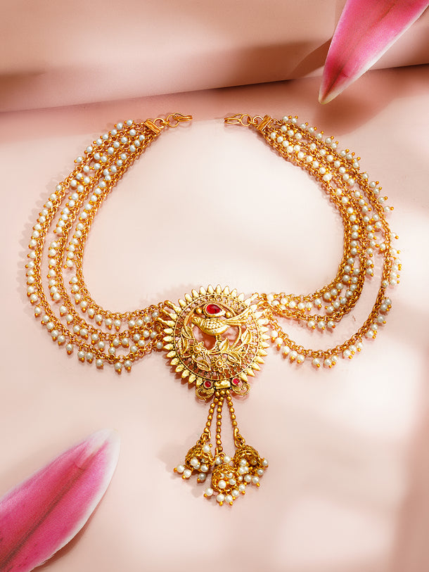 Gold Plated Peacock Pearl Layered Antique Hair Chain