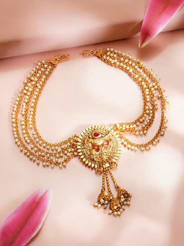 Gold Plated Peacock Pearl Layered Antique Hair Chain