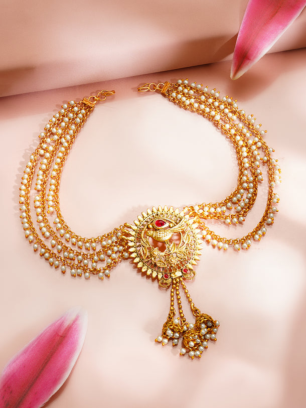 Gold Plated Peacock Pearl Layered Antique Hair Chain