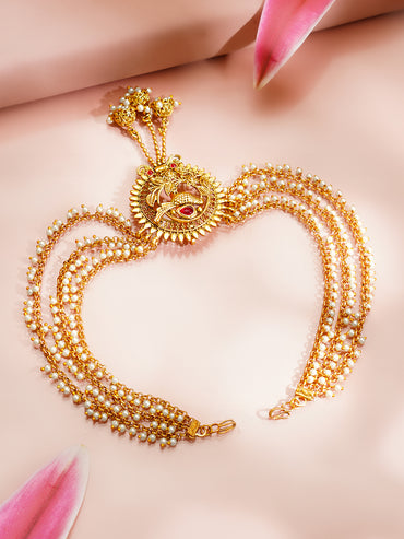 Gold Plated Peacock Pearl Layered Antique Hair Chain