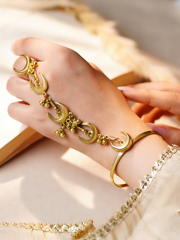Gold Crescent Moon Haathphool Bracelet