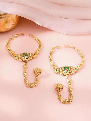 Gold Plated Emeral Centered Kundan Hathphool