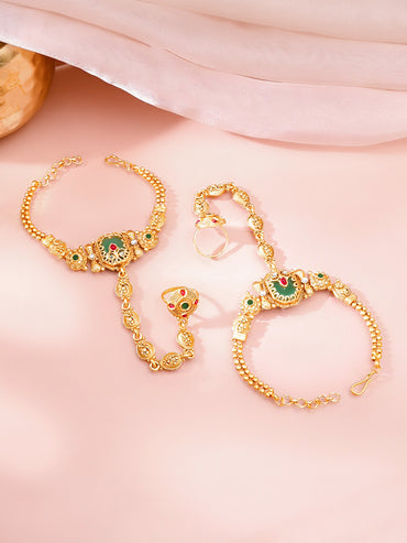 Gold Plated Emeral Centered Kundan Hathphool