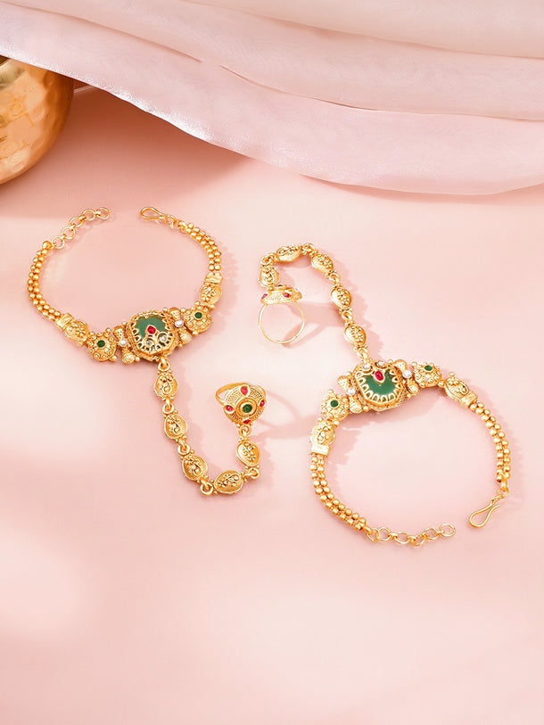 Gold Plated Emeral Centered Kundan Hathphool