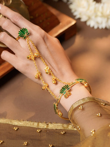 Gold Plated Lotus Motif Ghungroo Beaded Haathphool