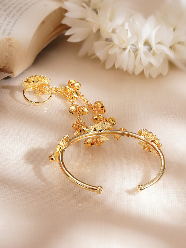 Gold Plated Lotus Motif Ghungroo Beaded Haathphool