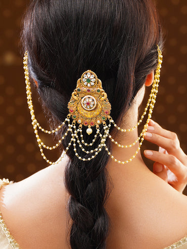 Gold Plated Royal Kundan Bloom Pearl Drape Hair Accessory