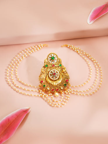 Gold Plated Royal Kundan Bloom Pearl Drape Hair Accessory