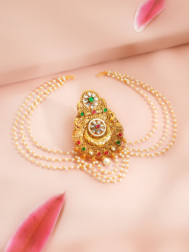 Gold Plated Royal Kundan Bloom Pearl Drape Hair Accessory