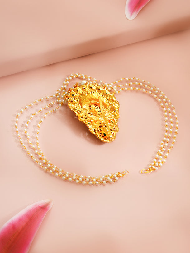 Gold Plated Royal Kundan Bloom Pearl Drape Hair Accessory