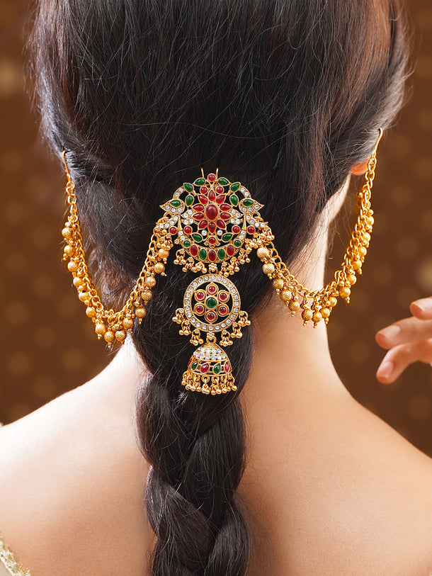 Gold Plated Temple Bloom Ruby Emerald Ghungroo Hair Chain
