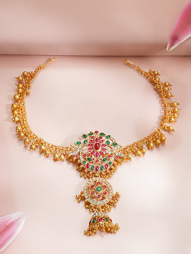 Gold Plated Temple Bloom Ruby Emerald Ghungroo Hair Chain
