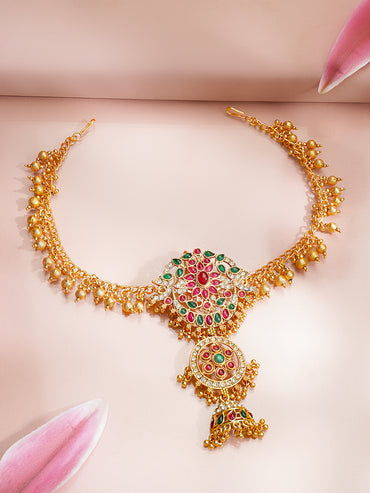 Gold Plated Temple Bloom Ruby Emerald Ghungroo Hair Chain