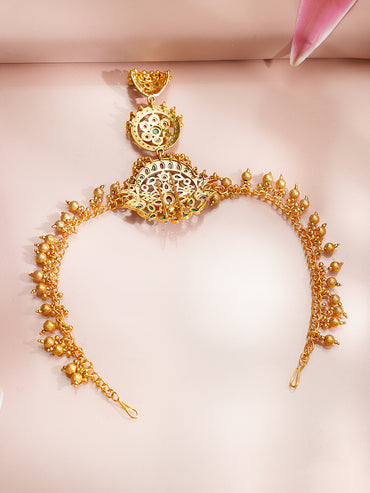 Gold Plated Temple Bloom Ruby Emerald Ghungroo Hair Chain