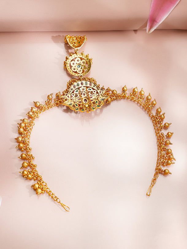 Gold Plated Temple Bloom Ruby Emerald Ghungroo Hair Chain