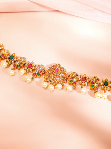 Rubans 22K Gold-Plated Ruby Pink Emerald Green & White Cubic Zirconia Studded Pearl Beaded Floral Traditional Kamarbandh