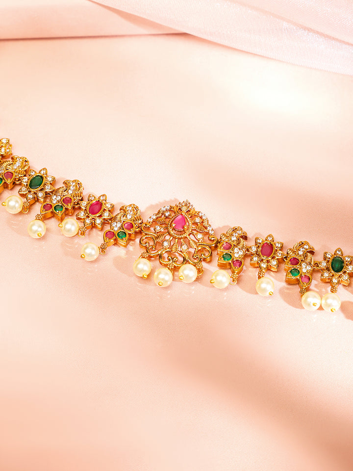 Rubans 22K Gold-Plated Ruby Pink Emerald Green & White Cubic Zirconia Studded Pearl Beaded Floral Traditional Kamarbandh