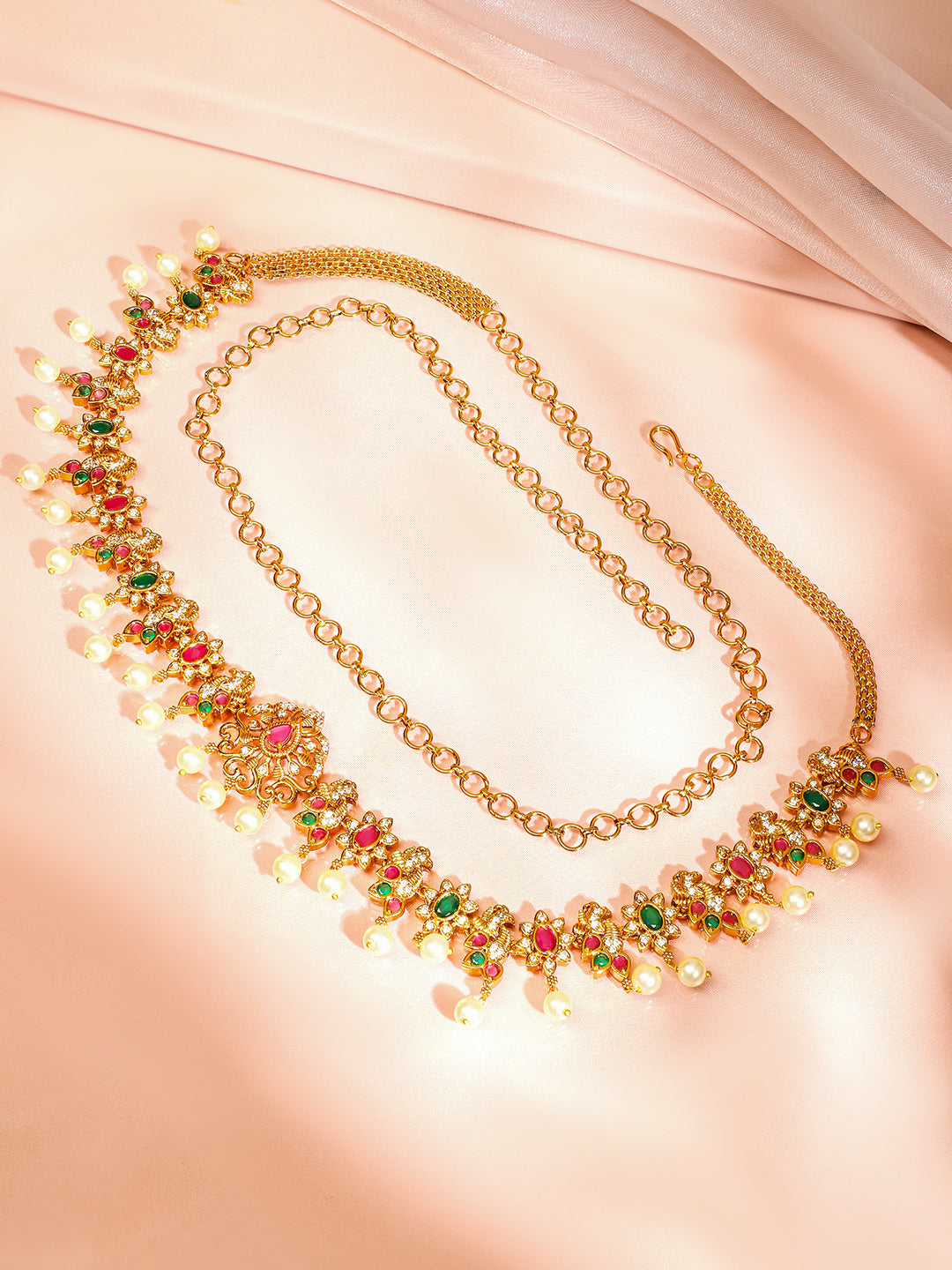 Rubans 22K Gold-Plated Ruby Pink Emerald Green & White Cubic Zirconia Studded Pearl Beaded Floral Traditional Kamarbandh