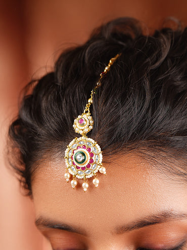 Gold Plated Kundan Pink & Green Studded Maang Tikka
