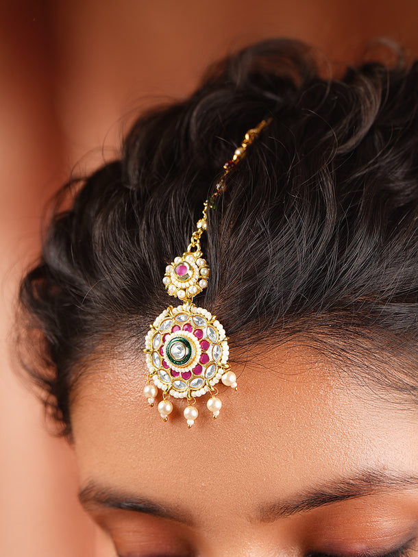 Gold Plated Kundan Pink & Green Studded Maang Tikka