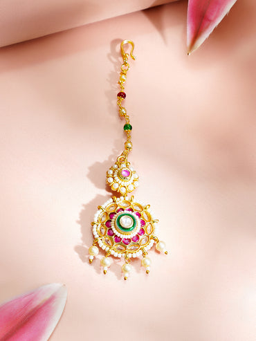 Gold Plated Kundan Pink & Green Studded Maang Tikka