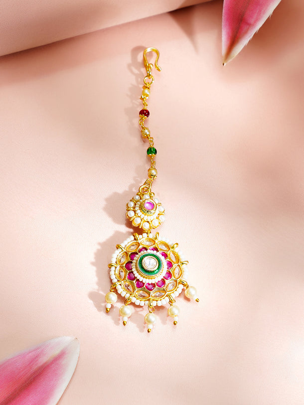 Gold Plated Kundan Pink & Green Studded Maang Tikka