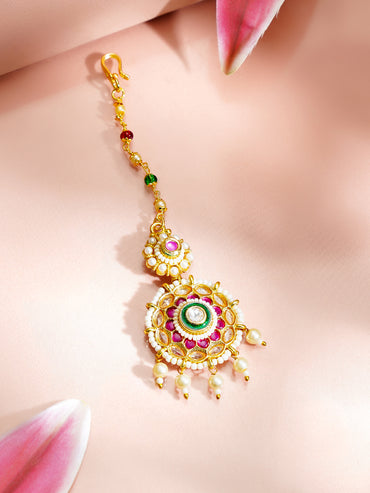 Gold Plated Kundan Pink & Green Studded Maang Tikka