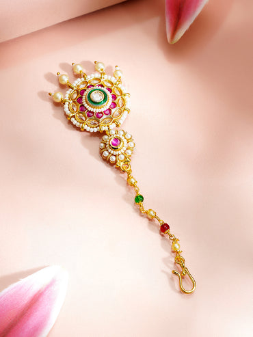 Gold Plated Kundan Pink & Green Studded Maang Tikka
