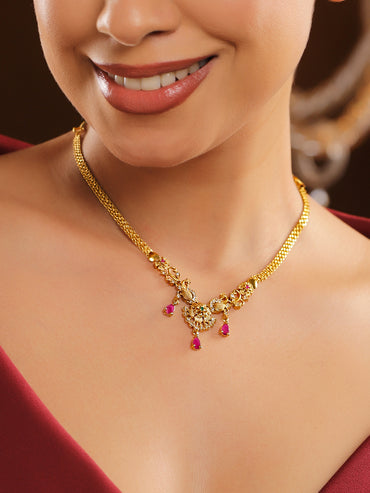 Peacock Motifs Alluring Pink Drops Necklace