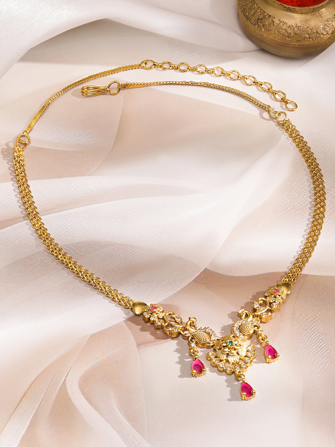 Peacock Motifs Alluring Pink Drops Necklace